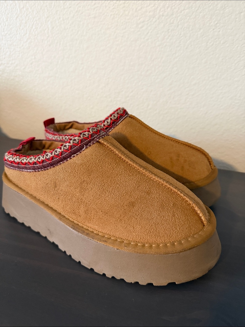 Women’s Tan Suede Slip-On Clog with Red Trim